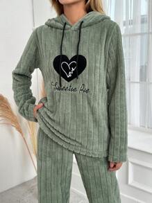 Women's Love & Letter Embroidery Drawstring Hooded Pajama Top - Green - View 6