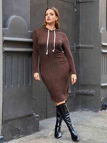SHEIN Essnce Talla grande Vestido sudadera con capucha tejido de canalé con cordón - Café integral - Ver 4
