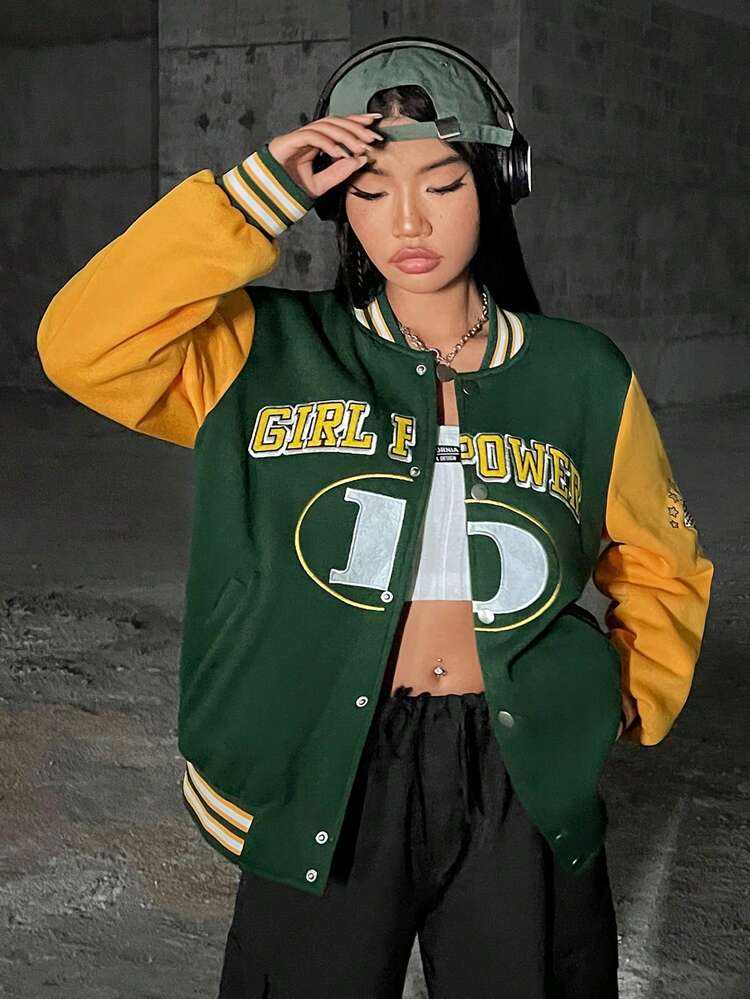 Women's Color-blocking Letter Printed Baseball Collar Jacket