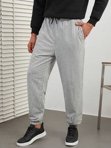 RueChic Men's Striped Drawstring Waist Long Pants - Grey - View 3