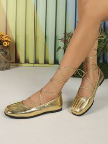 Giày bệt đế thấp buộc dây có họa tiết nứt cho nữ - Vàng - Xem 4