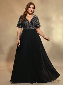 UNITHORSE Plus Size Women V-Neck Sequins Chiffon Patchwork Dress Party Dress Wedding Guest Dress Formal Dress Evening Dress,Gown - Black - View 2