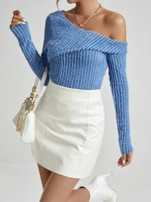 SHEIN Essnce 女修身斜領 T 卹 - 藍色 - 查看 4