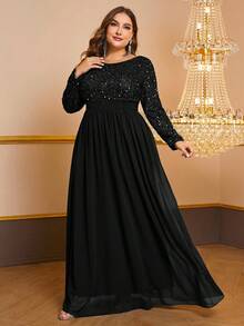 YISIKADO 女款大尺碼舞會晚禮服亮片 V 領長袖連身裙 - 黑色 - 查看 3