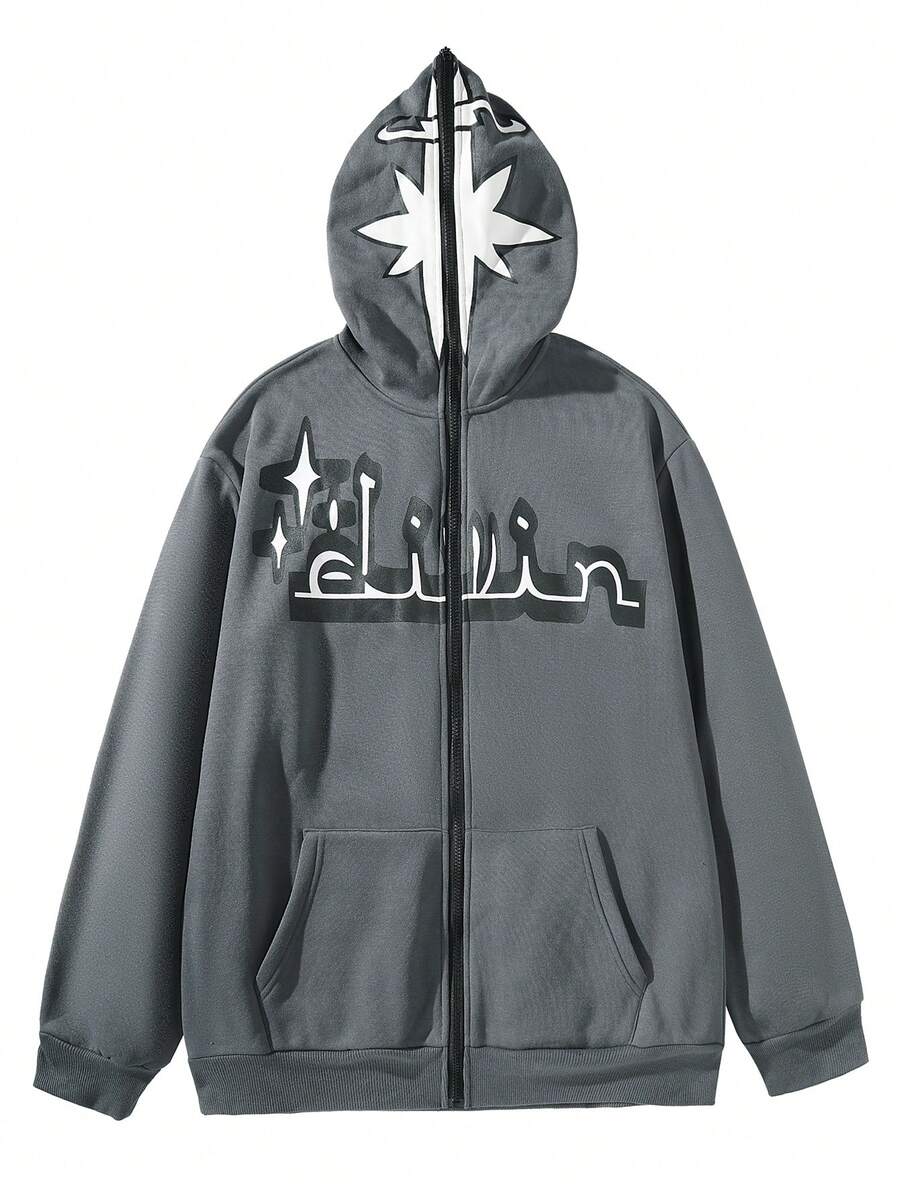 Aesthetic Post--Men's Loose Fit Zipper Front Hoodie With Thermal Lined - Grey - View 1