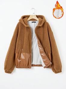 SHEIN EZwear Drop Shoulder Drawstring Hooded Teddy Jacket