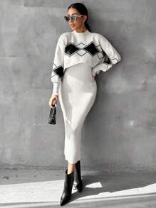 EURMUSE Drop Shoulder Sweater & Ribbed Knit Skirt - Beige - View 4