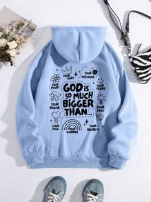 SHEIN EZwear Của phụ nữ Hoạt hình In áo có mũ Lông cừu Áo nỉ Với Trở lại Thiết kế - Màu xanh nhạt - Xem 3