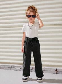 Young Girl Slant Pocket Straight Leg Jeans - Black - View 5