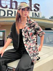 SHEIN EZwear Camouflage Splicing Women's Shirt - Army Green - View 5