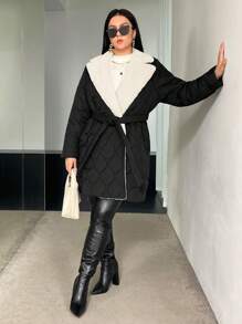 SHEIN Essnce 大码女式翻领保暖内衬腰带夹棉大衣 - 彩色 - 查看 5