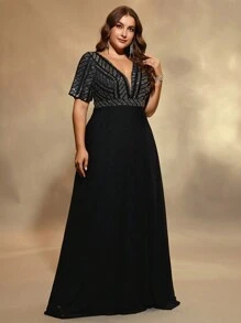 UNITHORSE Plus Size Women V-Neck Sequins Chiffon Patchwork Dress Party Dress Wedding Guest Dress Formal Dress Evening Dress,Gown - Black - View 5