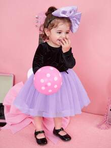 SHEIN Baby Girl Princess Velvet Spliced Mesh Round Neck Long Sleeve Belt Dress - Multicolor - View 4