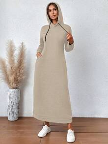 Casual Side Pockets Drawstring Hooded Long Sweatshirt Dress For Autumn/Winter - Khaki - View 4