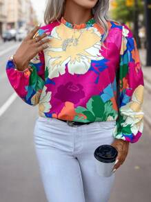 SHEIN LUNE Hơn In hoa Lá sen tỉa Tay áo lồng đèn Áo sơ mi - Nhiều màu - Xem 1