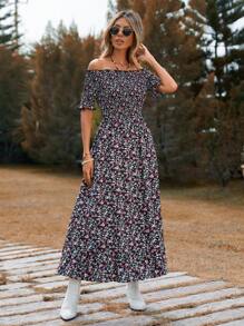 SHEIN VCAY Floral Pattern Holiday Off Shoulder Women's Dress - Black - View 6