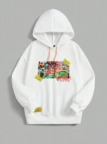 Willy Wonka and the Chocolate Factory X SHEIN Plus號字母&花園圖形束口帽白色連帽衛衣 - 白色 - 查看 1