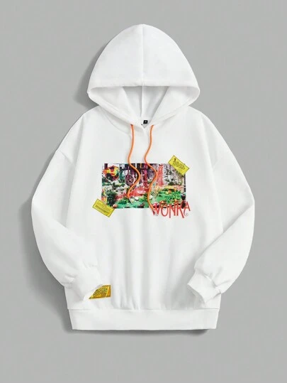 Willy Wonka and the Chocolate Factory X SHEIN Plus Letter & Garden Graphic Drawstring Hooded White Sweatshirt