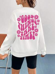 EURMUSE Floral & Slogan Printed Drop Shoulder Sweatshirt - White - View 1