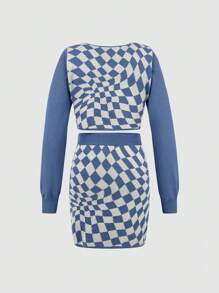 SHEIN Unity Của phụ nữ Xanh Kẻ sọc Áo len Và Váy len nửa mảnh Bộ - Màu xanh lam - Xem 2