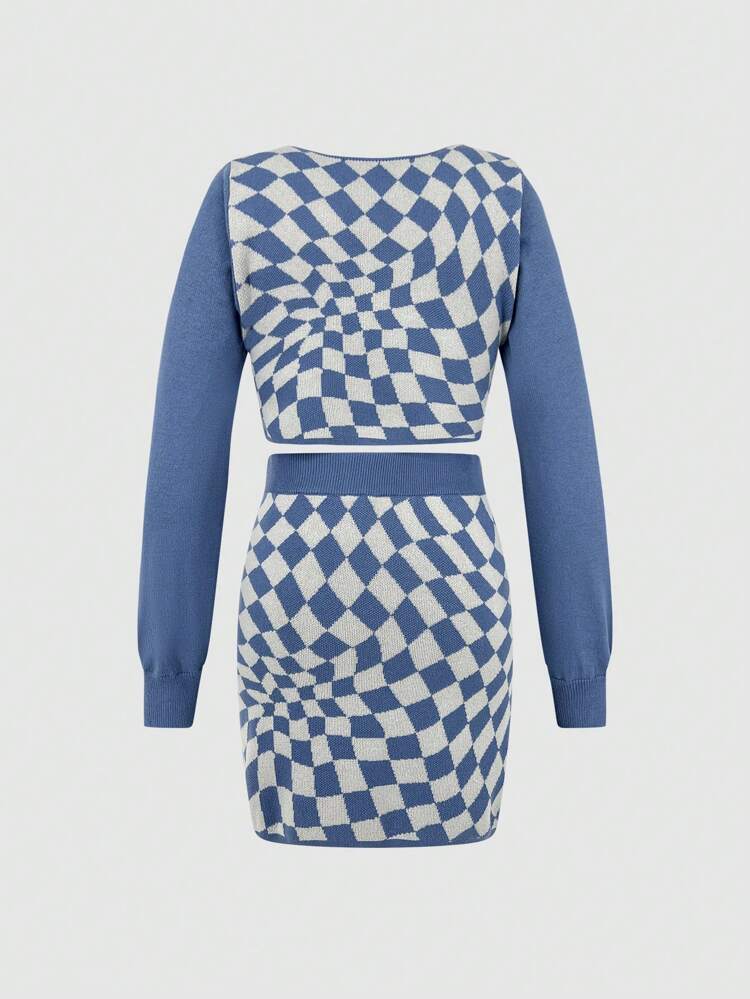 Women's Blue Plaid Sweater And Sweater Skirt Set