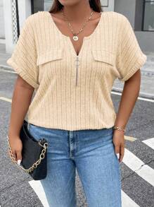 Calvaya Của phụ nữ Kích thước lớn Nửa Zip Áo thun - Màu be - Xem 3