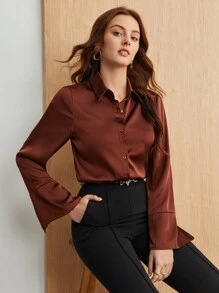 BizChic 前开衩袖口纽扣衬衫 - 棕色 - 查看 4