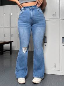 SHEIN CURVE+ Extra Plus Size Women Elastic Blue Ripped Flare Jeans - Blue - View 1