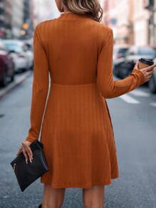 SHEIN Clasi Button Decorated Half High-collar Long Sleeve Dress - Orange - View 2