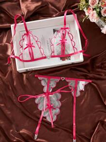 Pure Desire 女式粉紅蕾絲蝴蝶結細肩帶內衣套裝(無鋼圈胸罩、丁字褲、吊襪帶),3 件/套 - 玫紅色 - 查看 1