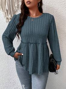 EMERY ROSE Kích thước lớn Của phụ nữ Sọc Hem Ruffle Áo thun - Màu xanh bụi bặm - Xem 5