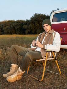 In My Nature Men Contrast Raglan Sleeve Striped Trim Outdoor Fleece Jacket - Khaki - View 4