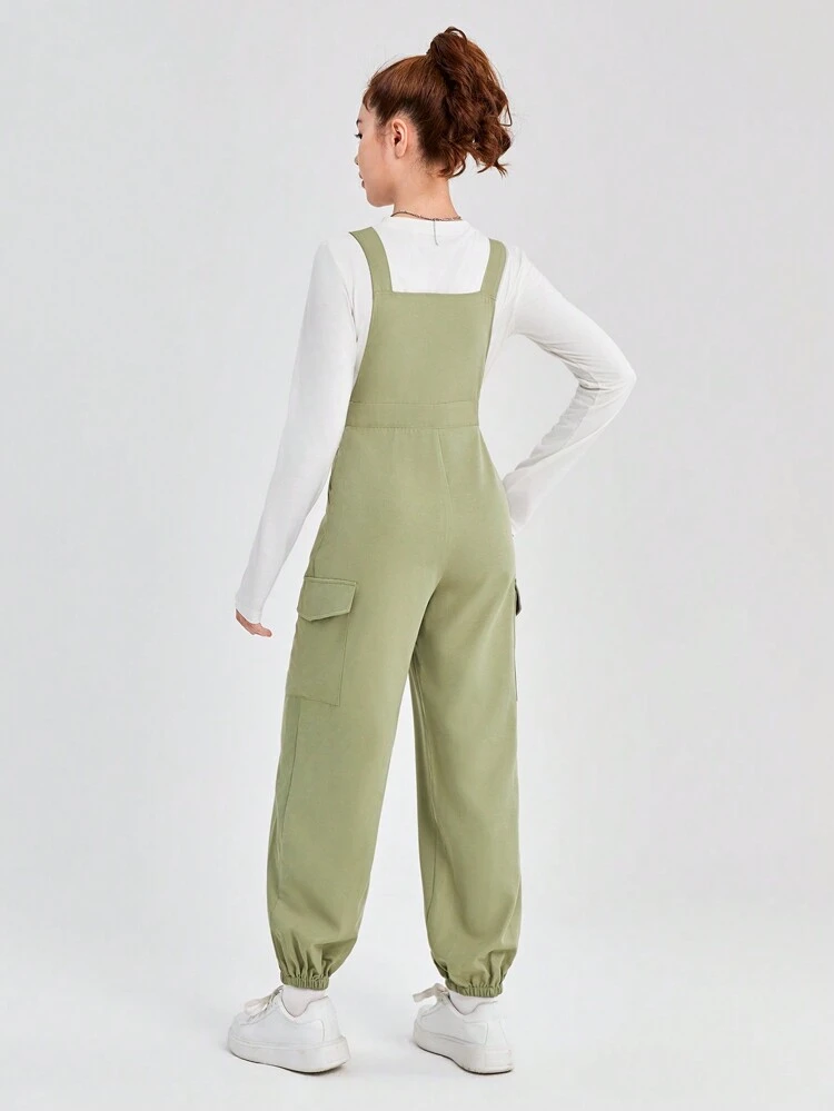 Teenagers' Casual Woven Net Solid Color Pocket Jumpsuit With Adjustable Drawstring Hem And Shoulder Straps