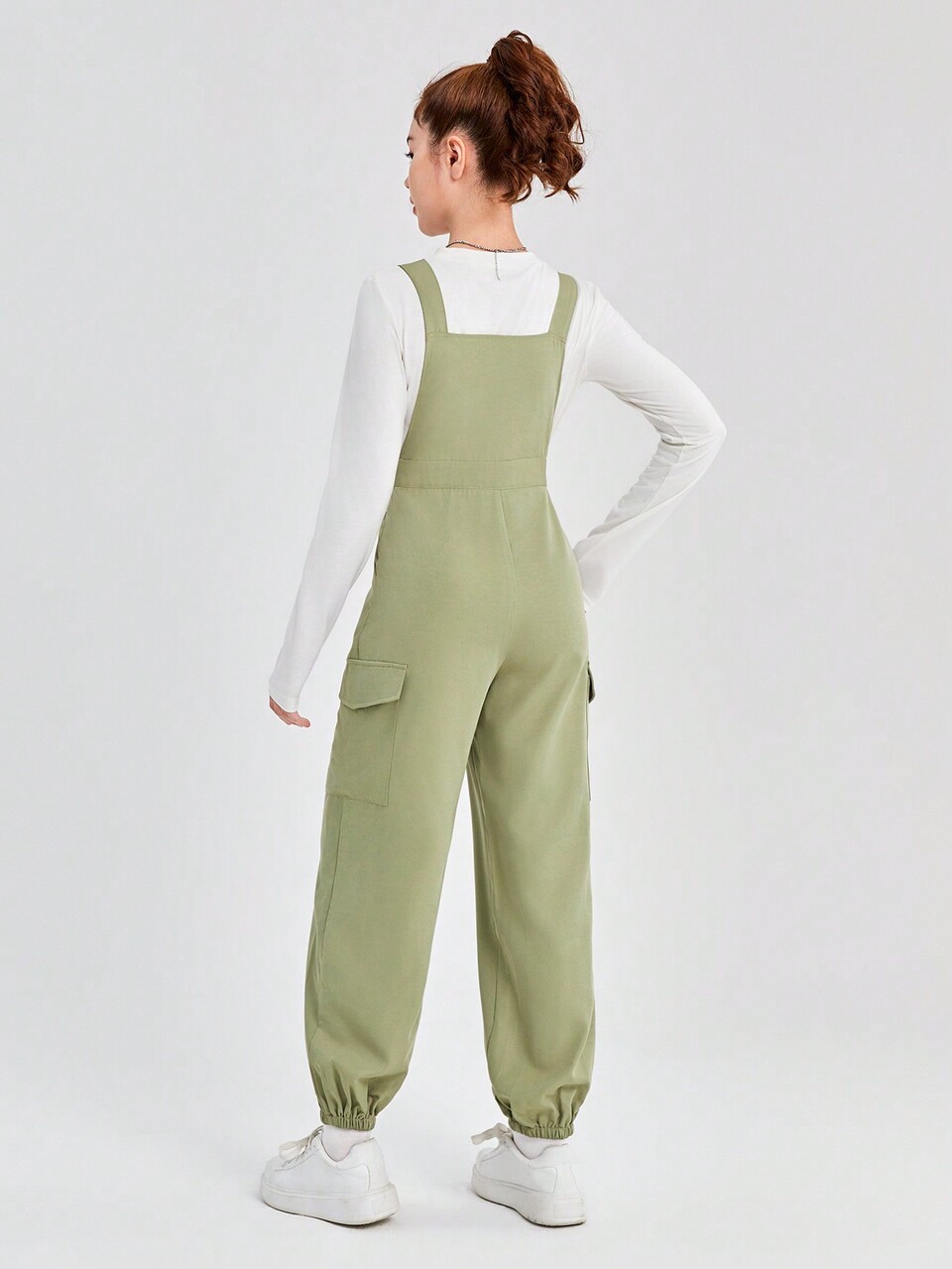 Teenagers' Casual Woven Net Solid Color Pocket Jumpsuit With Adjustable Drawstring Hem And Shoulder Straps