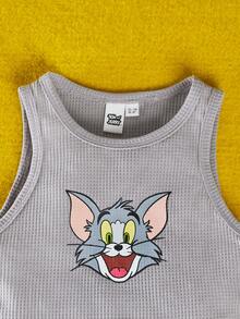 TOM & JERRY X SHEIN Tween Girls' Cartoon Pattern Hoodie & Vest & Pants Set - Grey - View 4