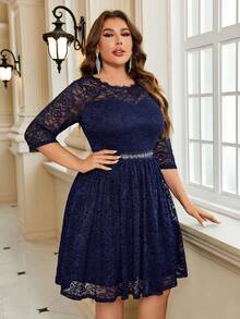 大码女式蕾丝亮片拼接腰部A字半正式派对裙 - 藏蓝色 - 查看 5