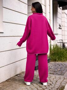 SHEIN Conjunto De Suéter Y Pantalón Para Mujer Con Solapa Y Hombros Caídos - Rosa - Ver 3