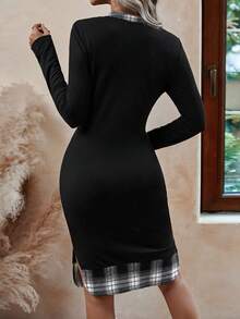 SHEIN Clasi 女款缺口領口與開衩下擺格紋拼布洋裝 - 黑與白 - 查看 2