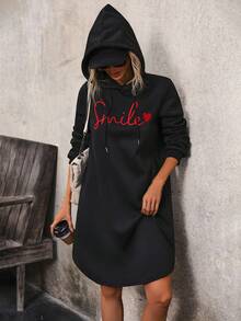 SHEIN LUNE Letter & Heart Embroidery Drawstring Hoodie - Black - View 6