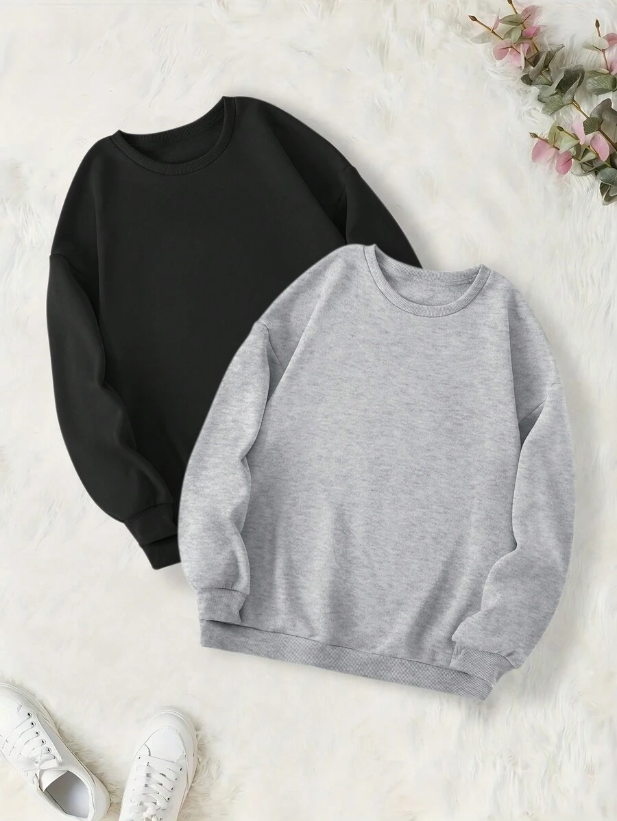 SHEIN EZwear Women's Solid Color Round Neck Fleece Sweatshirt - Multicolor - View 1