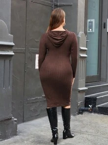 SHEIN Essnce Talla grande Vestido sudadera con capucha tejido de canalé con cordón - Café integral - Ver 2