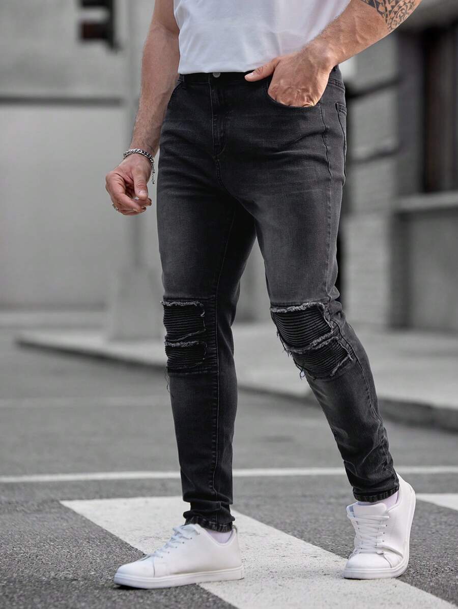 GENTILAND Men's Plus Size Slim Fit Motorcycle Jeans With Frayed Hemline - Multicolor - View 1