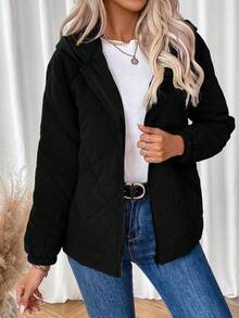 EMERY ROSE Abrigo acolchado con capucha unicolor para mujer en invierno - Negro - Ver 4