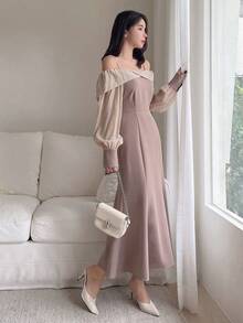 Dazy Star Khối màu Off-shoulder Tay áo Đuôi cá Hem Đầm - Màu be - Xem 7