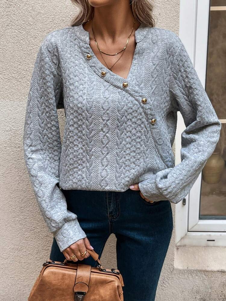 Women's Solid Color Asymmetric Neck Button Detail Sweatshirt