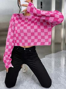 SHEIN Privé Bàn cờ Mẫu Thả vai Quần skinny Áo len - Nhiều màu - Xem 4