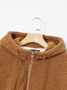 SHEIN EZwear Drop Shoulder Drawstring Hooded Teddy Jacket