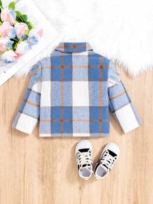 SHEIN 女童藍色格子翻領大衣 - 藍色 - 查看 2