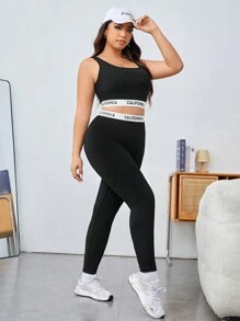 SHEIN EZwear 女性加大尺碼黑色針織運動短上衣和修身打底褲套裝 - 黑色 - 查看 4