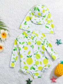 Baby Girl Fruit Print One Piece Swimsuit Including Hat - Green - View 1